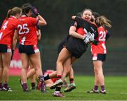 9 March 2024; Keri Ann Hanrahan, left, and Shauna Maher of UCC celebrate after the 2024 Ladies HEC Lynch Cup final match between Munster Technological University Cork and University College Cork at MTU Cork. Photo by Brendan Moran/Sportsfile