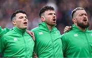 9 March 2024; Ireland players, from left, Calvin Nash, Hugo Keenan and Andrew Porter before the Guinness Six Nations Rugby Championship match between England and Ireland at Twickenham Stadium in London, England. Photo by David Fitzgerald/Sportsfile