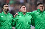 9 March 2024; Ireland players, from left, Conor Murray, Tadhg Furlong and Dan Sheehan before the Guinness Six Nations Rugby Championship match between England and Ireland at Twickenham Stadium in London, England. Photo by David Fitzgerald/Sportsfile