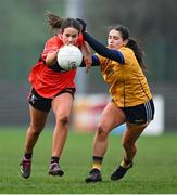 9 March 2024; Aine O'Neill of UCC in action against Clodagh Lohan of DCU Dochas Éireann during the 2024 Ladies HEC O’Connor Cup final match between Dublin City University Dóchas Éireann and University College Cork at MTU Cork. Photo by Brendan Moran/Sportsfile