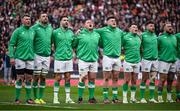 9 March 2024; Ireland players, from left, Peter O’Mahony, Tadhg Beirne, Conor Murray, Tadhg Furlong, Dan Sheehan, Calvin Nash, Hugo Keenan and Andrew Porter before the Guinness Six Nations Rugby Championship match between England and Ireland at Twickenham Stadium in London, England. Photo by David Fitzgerald/Sportsfile