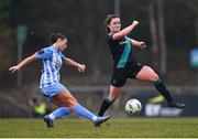 9 March 2024; Eve O'Brien of DLR Waves in action against Scarlett Herron of Shamrock Rovers during the SSE Airtricity Women's Premier Division match between DLR Waves and Shamrock Rovers at UCD Bowl in Belfield, Dublin. Photo by Tyler Miller/Sportsfile