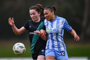 9 March 2024; Scarlett Herron of Shamrock Rovers in action against Neema Nyangasi of DLR Waves during the SSE Airtricity Women's Premier Division match between DLR Waves and Shamrock Rovers at UCD Bowl in Belfield, Dublin. Photo by Tyler Miller/Sportsfile