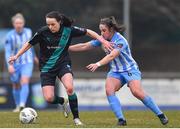 9 March 2024; Áine O'Gorman of Shamrock Rovers in action against Isobel Finnegan of DLR Waves during the SSE Airtricity Women's Premier Division match between DLR Waves and Shamrock Rovers at UCD Bowl in Belfield, Dublin. Photo by Shauna Clinton/Sportsfile