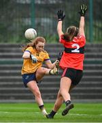 9 March 2024; Kate Kenny of DCU Dochas Éireann in action against Nora Martin of UCC during the 2024 Ladies HEC O’Connor Cup final match between Dublin City University Dóchas Éireann and University College Cork at MTU Cork. Photo by Brendan Moran/Sportsfile