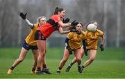 9 March 2024; Mary O'Connell of UCC in action against Emma Morrissey of DCU Dochas Éireann during the 2024 Ladies HEC O’Connor Cup final match between Dublin City University Dóchas Éireann and University College Cork at MTU Cork. Photo by Brendan Moran/Sportsfile