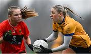9 March 2024; Emma Morrissey of DCU Dochas Éireann in action against Nora Martin of UCC during the 2024 Ladies HEC O’Connor Cup final match between Dublin City University Dóchas Éireann and University College Cork at MTU Cork. Photo by Brendan Moran/Sportsfile