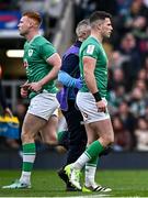 9 March 2024; Calvin Nash of Ireland leaves the pitch for a head injury assessment as he is replaced by Ciarán Frawley, left, during the Guinness Six Nations Rugby Championship match between England and Ireland at Twickenham Stadium in London, England. Photo by Harry Murphy/Sportsfile