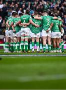9 March 2024; The Ireland team huddle during the Guinness Six Nations Rugby Championship match between England and Ireland at Twickenham Stadium in London, England. Photo by Harry Murphy/Sportsfile