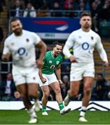 9 March 2024; James Lowe of Ireland celebrates after kicking a 50/22 during the Guinness Six Nations Rugby Championship match between England and Ireland at Twickenham Stadium in London, England. Photo by Harry Murphy/Sportsfile