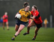 9 March 2024; Emma Duggan of DCU Dochas Éireann in action against Aoife Healy of UCC during the 2024 Ladies HEC O’Connor Cup final match between Dublin City University Dóchas Éireann and University College Cork at MTU Cork. Photo by Brendan Moran/Sportsfile