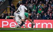 9 March 2024; James Lowe of Ireland scores his side's first try, in the 44th minute, during the Guinness Six Nations Rugby Championship match between England and Ireland at Twickenham Stadium in London, England. Photo by Harry Murphy/Sportsfile