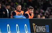 9 March 2024; Ireland national scrum coach John Fogarty, left, and Garry Ringrose of Ireland watch on during the Guinness Six Nations Rugby Championship match between England and Ireland at Twickenham Stadium in London, England. Photo by Harry Murphy/Sportsfile