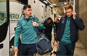 9 March 2024; Limerick players Diarmaid Byrnes, left, and William O’Donoghue arrive before the Allianz Hurling League Division 1 Group B match between Limerick and Tipperary at SuperValu Páirc Uí Chaoimh in Cork. Photo by Seb Daly/Sportsfile