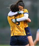 9 March 2024; Leah Fox, right, and Emma Duggan of DCU Dochas Éireann celebrates at the final whistle of the 2024 Ladies HEC O’Connor Cup final match between Dublin City University Dóchas Éireann and University College Cork at MTU Cork. Photo by Brendan Moran/Sportsfile