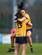 9 March 2024; Kerri Owens, right, and Emma Duggan of DCU Dochas Éireann celebrates at the final whistle of the 2024 Ladies HEC O’Connor Cup final match between Dublin City University Dóchas Éireann and University College Cork at MTU Cork. Photo by Brendan Moran/Sportsfile