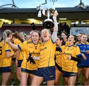 9 March 2024; DCU Dochas Éireann players, from left, Ciara Banville, Emma Morrissey and Niamh Crowley celebrate after the 2024 Ladies HEC O’Connor Cup final match between Dublin City University Dóchas Éireann and University College Cork at MTU Cork. Photo by Brendan Moran/Sportsfile