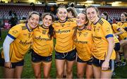9 March 2024; DCU Dochas Éireann players, from left, Leah Fox, Clodagh Lohan, Laoise Lenehan, Christina Charters and Ciara Banville celebrate after the 2024 Ladies HEC O’Connor Cup final match between Dublin City University Dóchas Éireann and University College Cork at MTU Cork. Photo by Brendan Moran/Sportsfile