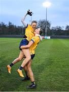 9 March 2024; DCU Dochas Éireann players Emma Morrissey, left, and Chloe Darby celebrate after the 2024 Ladies HEC O’Connor Cup final match between Dublin City University Dóchas Éireann and University College Cork at MTU Cork. Photo by Brendan Moran/Sportsfile