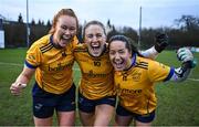 9 March 2024; DCU Dochas Éireann players, from left, Kate Kenny, Emma Morrissey and Leah Fox celebrate after the 2024 Ladies HEC O’Connor Cup final match between Dublin City University Dóchas Éireann and University College Cork at MTU Cork. Photo by Brendan Moran/Sportsfile
