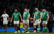 9 March 2024; Ireland players, including Bundee Aki, Hugo Keenan, Jack Conan, and Rónan Kelleher, after their side's defeat in the Guinness Six Nations Rugby Championship match between England and Ireland at Twickenham Stadium in London, England. Photo by Harry Murphy/Sportsfile