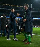 9 March 2024; Peter O’Mahony of Ireland, right, and England defence coach Felix Jones after the Guinness Six Nations Rugby Championship match between England and Ireland at Twickenham Stadium in London, England. Photo by Harry Murphy/Sportsfile