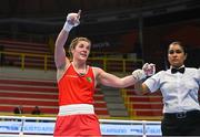 9 March 2024; Grainne Walsh of Ireland celebrates after winning their Women's 66kg Round of 16 bout against Asiko Friza Anyango of Kenya during day seven at the Paris 2024 Olympic Boxing Qualification Tournament at E-Work Arena in Busto Arsizio, Italy. Photo by Ben McShane/Sportsfile