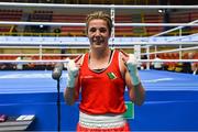 9 March 2024; Grainne Walsh of Ireland celebrates after winning their Women's 66kg Round of 16 bout against Asiko Friza Anyango of Kenya during day seven at the Paris 2024 Olympic Boxing Qualification Tournament at E-Work Arena in Busto Arsizio, Italy. Photo by Ben McShane/Sportsfile