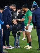 9 March 2024; Ireland head coach Andy Farrell with his grandson Tommy, and Bundee Aki of Ireland, after the Guinness Six Nations Rugby Championship match between England and Ireland at Twickenham Stadium in London, England. Photo by Harry Murphy/Sportsfile