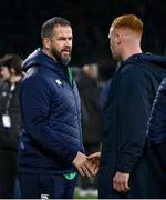 9 March 2024; Ireland head coach Andy Farrell, left, and Ciarán Frawley of Ireland after the Guinness Six Nations Rugby Championship match between England and Ireland at Twickenham Stadium in London, England. Photo by Harry Murphy/Sportsfile
