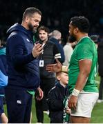 9 March 2024; Ireland head coach Andy Farrell, left, and Bundee Aki of Ireland after the Guinness Six Nations Rugby Championship match between England and Ireland at Twickenham Stadium in London, England. Photo by Harry Murphy/Sportsfile