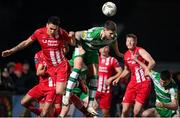 9 March 2024; Lee Grace of Shamrock Rovers in action against Max Mata of Sligo Rovers during the SSE Airtricity Men's Premier Division match between Sligo Rovers and Shamrock Rovers at The Showgrounds in Sligo. Photo by Stephen McCarthy/Sportsfile