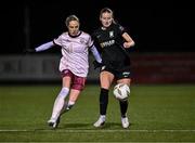 9 March 2024; Jesi Lynne Rossman of Athlone Town in action against Julie-Ann Russell of Galway United during the SSE Airtricity Women's Premier Division match between Athlone Town and Galway United at Athlone Town Stadium in Westmeath. Photo by Piaras Ó Mídheach/Sportsfile