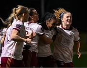 9 March 2024; Eve Dossen of Galway United, second from right, celebrates with team-mates after scoring their side's second goal during the SSE Airtricity Women's Premier Division match between Athlone Town and Galway United at Athlone Town Stadium in Westmeath. Photo by Piaras Ó Mídheach/Sportsfile