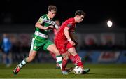9 March 2024; Will Fitzgerald of Sligo Rovers in action against Daniel Cleary of Shamrock Rovers during the SSE Airtricity Men's Premier Division match between Sligo Rovers and Shamrock Rovers at The Showgrounds in Sligo. Photo by Stephen McCarthy/Sportsfile