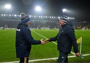 9 March 2024; Tipperary manager Liam Cahill, left, shakes hands with Limerick manager John Kiely after the Allianz Hurling League Division 1 Group B match between Limerick and Tipperary at SuperValu Páirc Uí Chaoimh in Cork. Photo by Seb Daly/Sportsfile