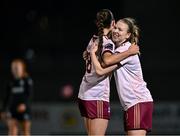 9 March 2024; Galway United players Jamie Erickson, right, and Kate Thompson celebrate after their side's victory in the SSE Airtricity Women's Premier Division match between Athlone Town and Galway United at Athlone Town Stadium in Westmeath. Photo by Piaras Ó Mídheach/Sportsfile
