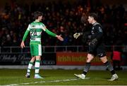 9 March 2024; Sligo Rovers goalkeeper Ed McGinty shakes hands with Johnny Kenny of Shamrock Rovers the SSE Airtricity Men's Premier Division match between Sligo Rovers and Shamrock Rovers at The Showgrounds in Sligo. Photo by Stephen McCarthy/Sportsfile