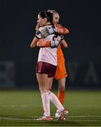 9 March 2024; Athlone Town goalkeeper Katie Keane and Kate Thompson of Galway United after the SSE Airtricity Women's Premier Division match between Athlone Town and Galway United at Athlone Town Stadium in Westmeath. Photo by Piaras Ó Mídheach/Sportsfile