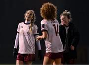 9 March 2024; Julie-Ann Russell of Galway United, left, celebrates with her team-mates Therese Kinnevey and Lynsey McKey, right, after their side's victory in the SSE Airtricity Women's Premier Division match between Athlone Town and Galway United at Athlone Town Stadium in Westmeath. Photo by Piaras Ó Mídheach/Sportsfile