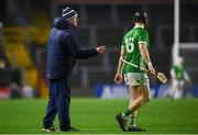 9 March 2024; Limerick manager John Kiely talks to Peter Casey during the Allianz Hurling League Division 1 Group B match between Limerick and Tipperary at SuperValu Páirc Uí Chaoimh in Cork. Photo by Seb Daly/Sportsfile