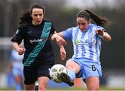 9 March 2024; Isobel Finnegan of DLR Waves in action against Áine O'Gorman of Shamrock Rovers during the SSE Airtricity Women's Premier Division match between DLR Waves and Shamrock Rovers at UCD Bowl in Belfield, Dublin. Photo by Tyler Miller/Sportsfile