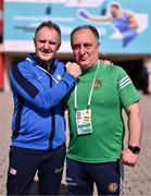 10 March 2024; USA coach Billy Walsh, left, and Ireland coach Zaur Antia during day eight at the Paris 2024 Olympic Boxing Qualification Tournament at E-Work Arena in Busto Arsizio, Italy. Photo by Ben McShane/Sportsfile