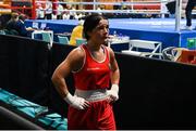 10 March 2024; Daina Moorehouse of Ireland reacts after defeat to Sabrina Bobokulva of Uzbekistan in their Women's 50kg Round of 16 bout during day eight at the Paris 2024 Olympic Boxing Qualification Tournament at E-Work Arena in Busto Arsizio, Italy. Photo by Ben McShane/Sportsfile