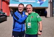 10 March 2024; USA coach Billy Walsh, left, and Ireland coach Zaur Antia during day eight at the Paris 2024 Olympic Boxing Qualification Tournament at E-Work Arena in Busto Arsizio, Italy. Photo by Ben McShane/Sportsfile