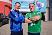 10 March 2024; USA coach Billy Walsh, left, and Ireland coach Zaur Antia during day eight at the Paris 2024 Olympic Boxing Qualification Tournament at E-Work Arena in Busto Arsizio, Italy. Photo by Ben McShane/Sportsfile