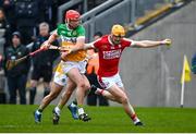 10 March 2024; Shane Barrett of Cork in action against Eoghan Cahill of Offaly during the Allianz Hurling League Division 1 Group A match between Offaly and Cork at Glenisk O'Connor Park in Tullamore, Offaly. Photo by Tyler Miller/Sportsfile