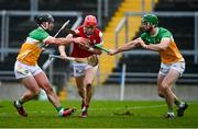 10 March 2024; Alan Connolly of Cork in action against Jason Sampson, left, and Ben Coneely of Offaly during the Allianz Hurling League Division 1 Group A match between Offaly and Cork at Glenisk O'Connor Park in Tullamore, Offaly. Photo by Tyler Miller/Sportsfile