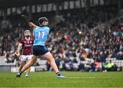 10 March 2024; Dónal Burke of Dublin shoots to score his side's first goal, from a penalty, during the Allianz Hurling League Division 1 Group B match between Galway v Dublin at Pearse Stadium in Galway. Photo by Piaras Ó Mídheach/Sportsfile