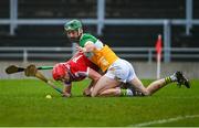 10 March 2024; Alan Connolly of Cork battles for possession against Ben Coneely of Offaly during the Allianz Hurling League Division 1 Group A match between Offaly and Cork at Glenisk O'Connor Park in Tullamore, Offaly. Photo by Tyler Miller/Sportsfile
